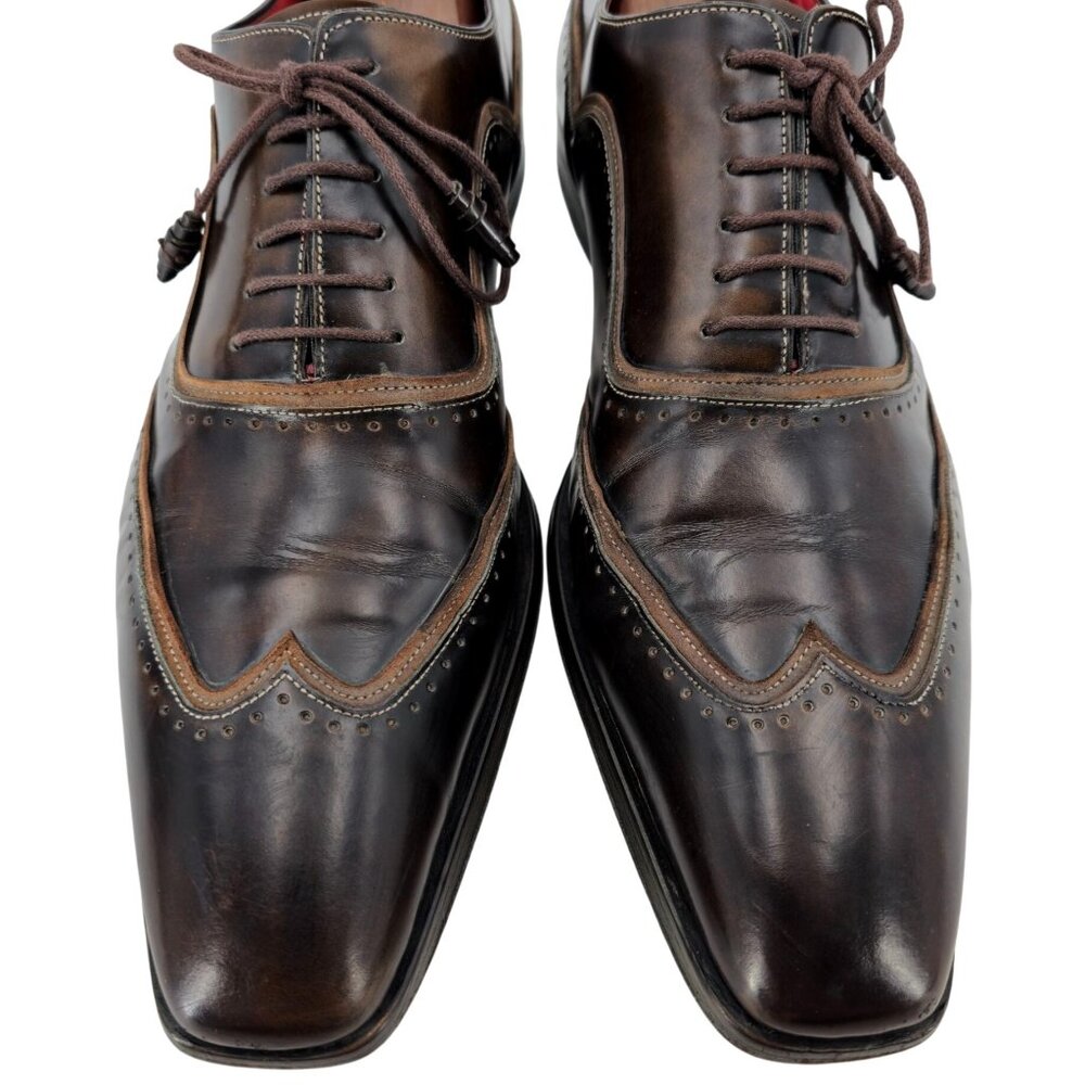 Mezlan Custom Mens 11.5 Brown Polished Leather Wingtip Oxfords Dress Shoes Spain - Picture 2 of 15